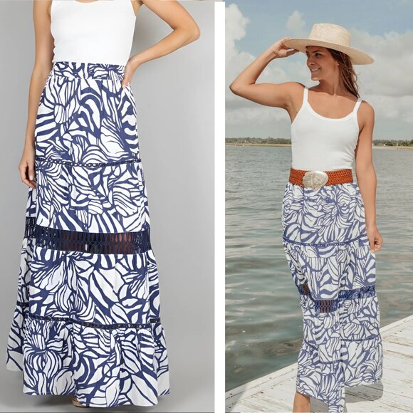 La Plage Breakers Maxi Skirt Size S Abstract Floral Navy White Tiered Cotton